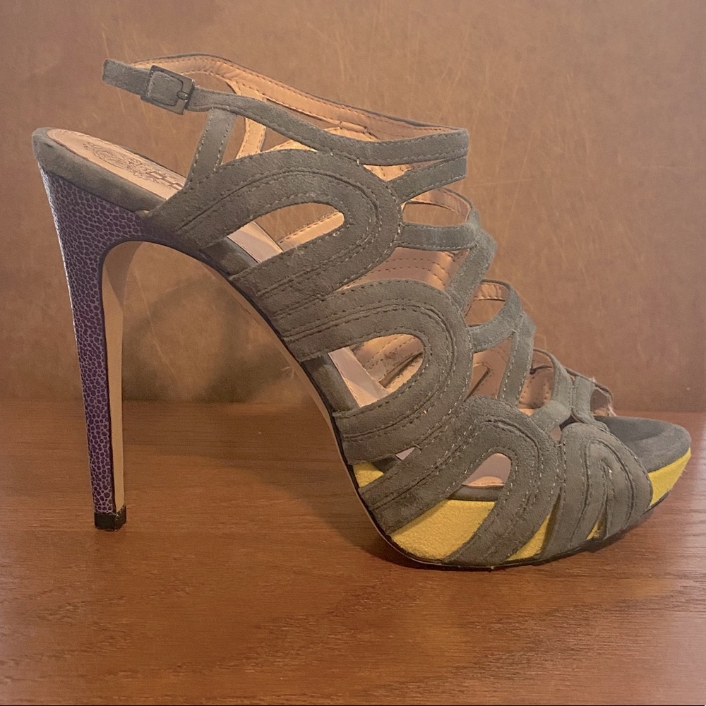 Vince Camuto- strappy suede heels w/ color accents